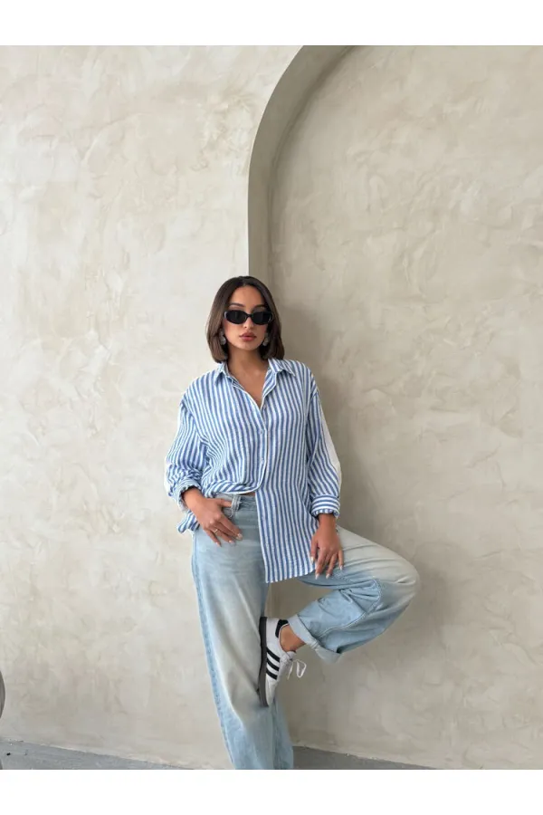 Chemise rayée en lin - Bleu clair | Topshow | F1919