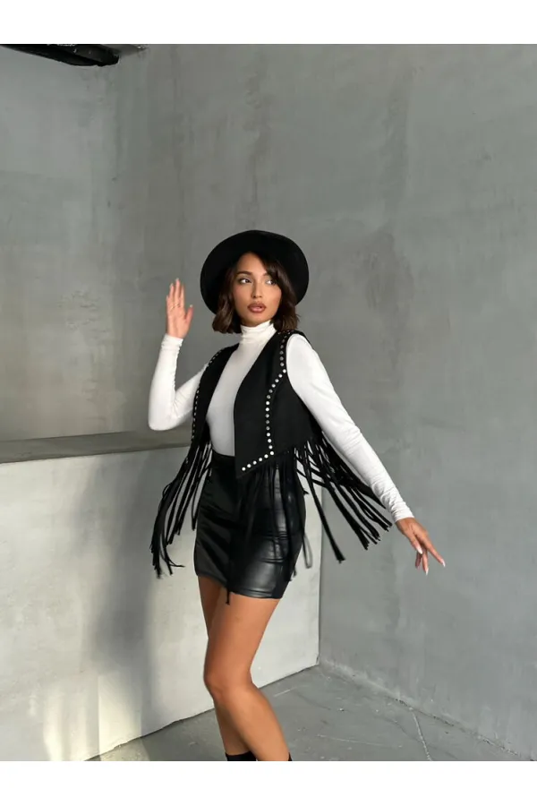 Topshow Siyah Püsküllü Droplu Toptan Yelek | F1806