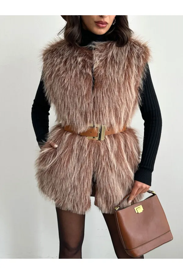 Gilet en fausse fourrure pour femme, vente en gros – Texture douce – MARRON CLAIR