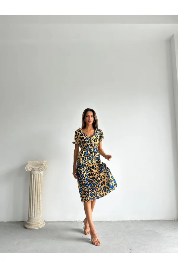 Topshow Leopard Saxe Patterned Long Wholesale Dress