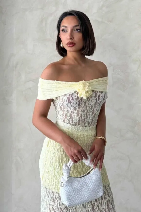 Rose Detailed Lace Blouse - Yellow - D2749 | Topshow