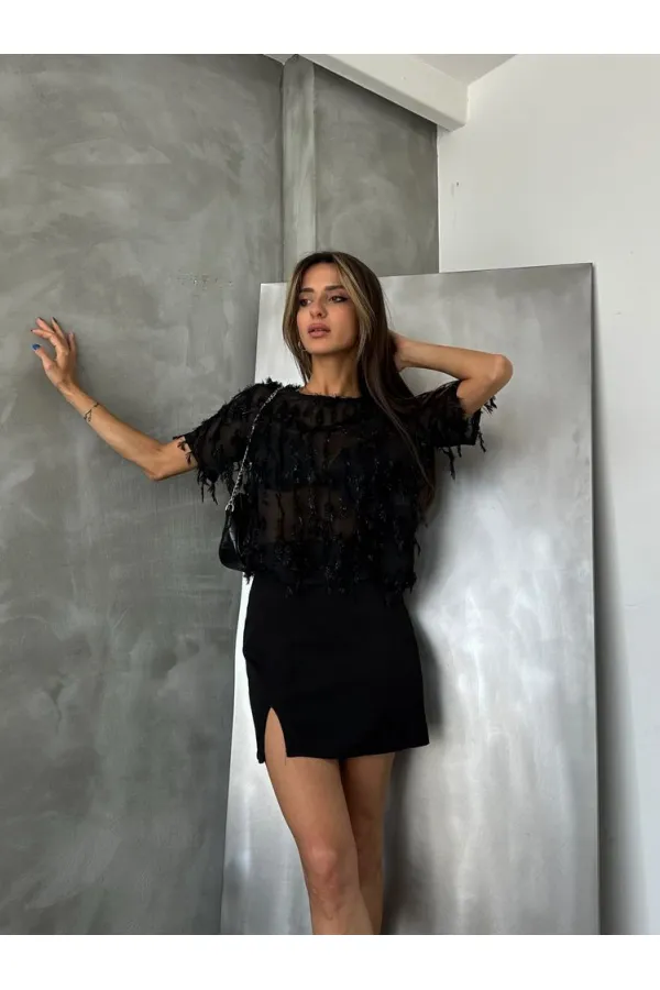 Topshow Siyah Simli Saçaklı Toptan Bluz