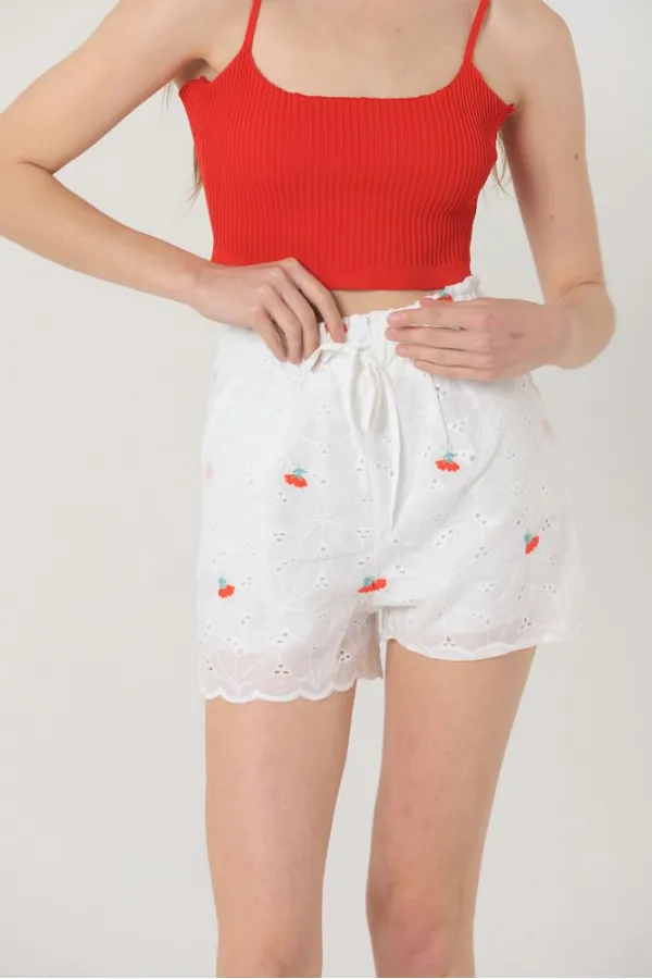 Topshow Kırmızı Çiçek Nakışlı Çepli Toptan Şort