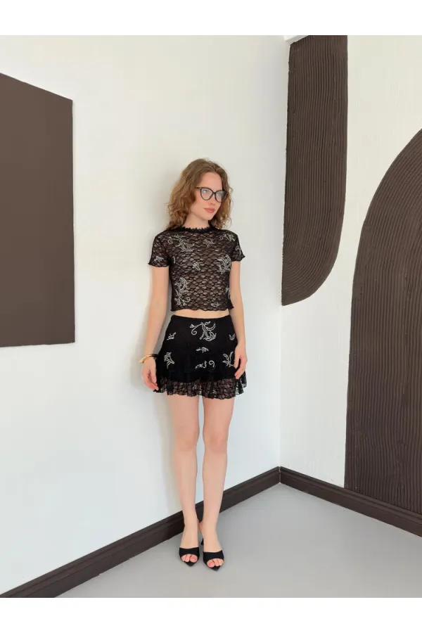 D 2996 EMBELLISHED LACE SKIRT - BLACK D 2996 EMBELLISHED LACE SKIRT - BLACK