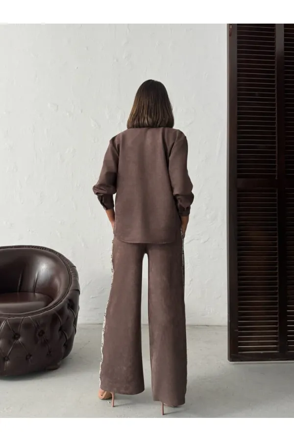 Topshow Şerit Detaylı Scuba Süet Pantolon - Taş | F1972