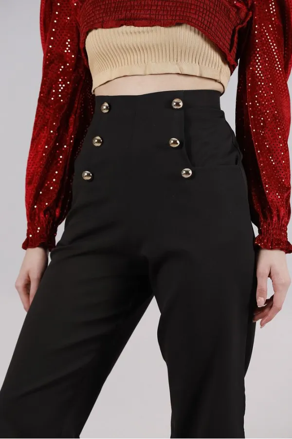 Pantalon décontracté à poches en L boutonnées ornementales - Noir | TOPSHOW | F0996