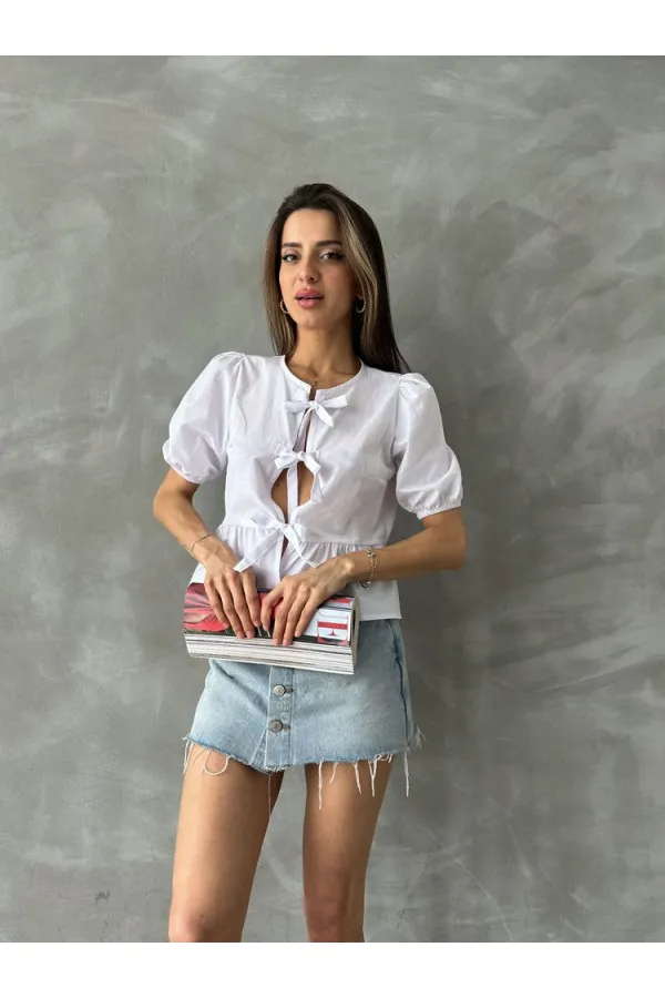 Topshow White Front Tie Poplin Wholesale Blouse