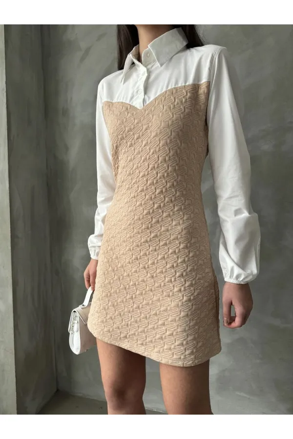 Knee-Length Wholesale Dress with Poplin Sleeves and Chest - Stone | TOPSHOW | F1139