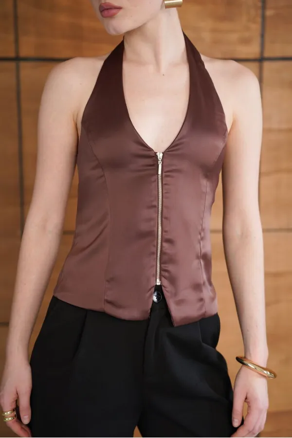 Satin Vest with Zipper - Coffee | D2952 - Topshow Satin Vest with Zipper - Coffee | D2952 - Topshow