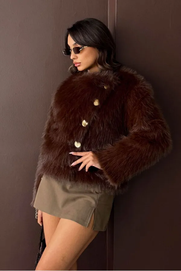 Topshow - Toptan Tavşan Tüyü Dügmeli Kaban - Koyu Kahve