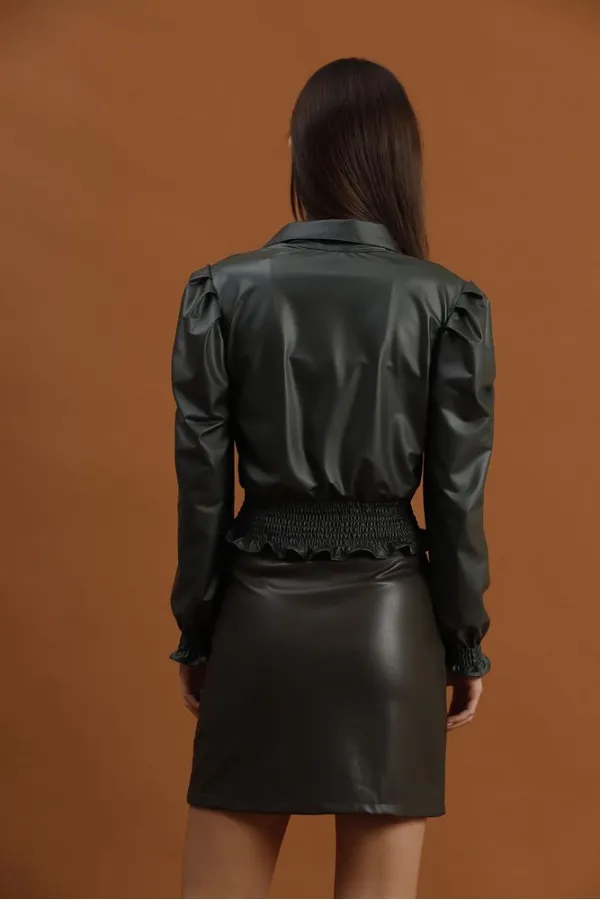 Faux Leather Evening Dress Wholesale Blouse - Khaki | TOPSHOW | F1170