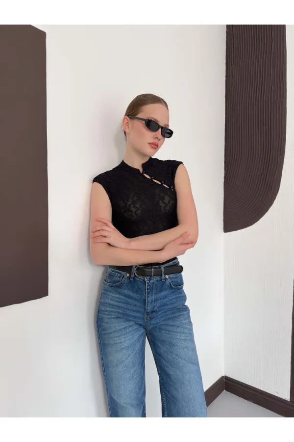 D 2997 KOLSUZ DANTEL BLUZ - SİYAH