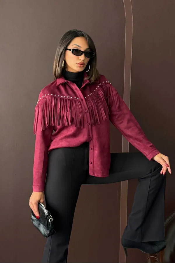 Chemise Topshow à franges en daim scuba - Rouge bordeaux | F2029