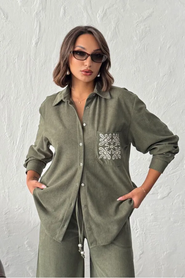 Topshow Wholesale Corduroy Embroidered Shirt - Khaki | F1997