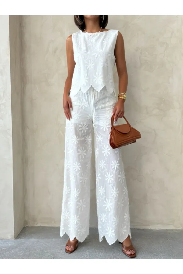 Nakışlı Pantolon - Beyaz | Topshow