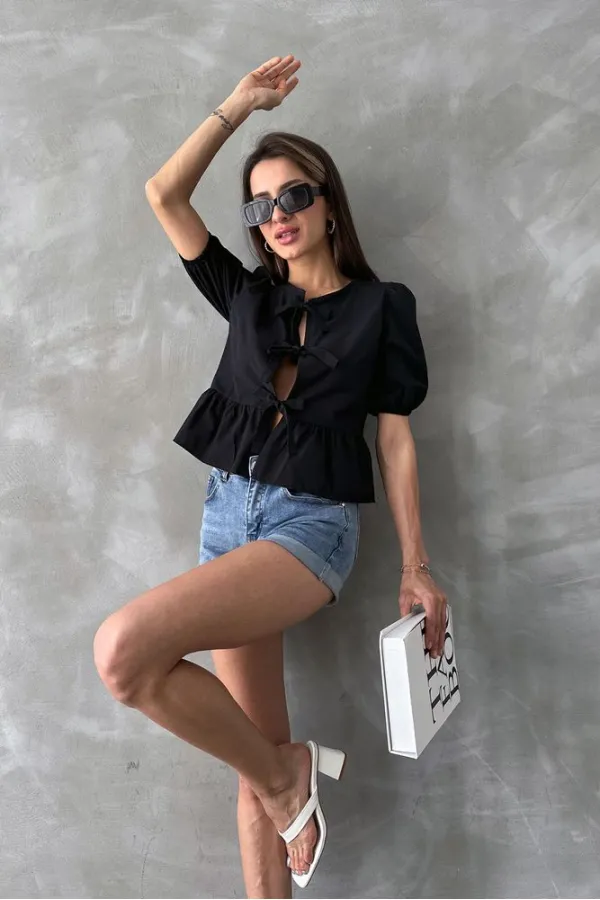 Topshow Siyah Önden Bağlamalı Poplin Toptan Bluz