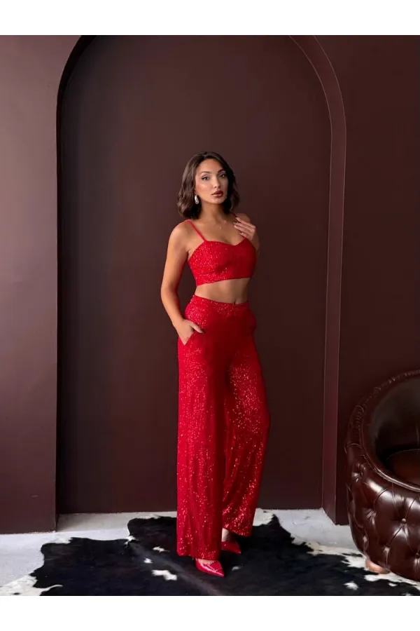 Topshow - Wholesale Sequined Wide Leg Women's Trousers - Elegant Night Outfit - Red