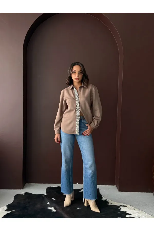 Chemise Topshow rayée en daim scuba (vente en gros) - Marron clair | F1973