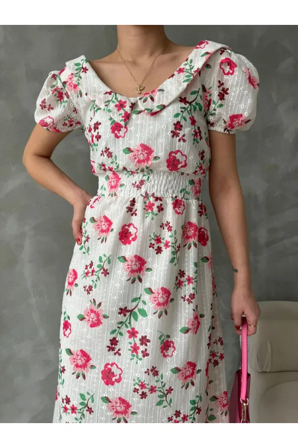 Topshow Fuchsia Embroidery Detailed Patterned Wholesale Dress