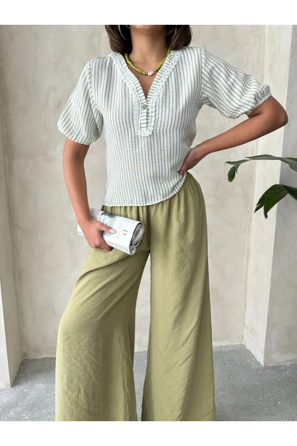 Chemise rayée détaillée en gros - Vert pistache | Topshow
