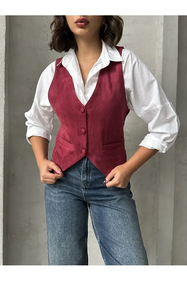 Süet Toptan Yelek - Bordo | TOPSHOW | F1528