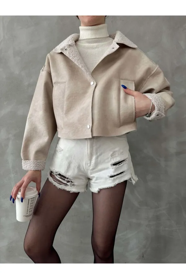 Nubuk Yakası Kürklü Toptan Mont - Taş | TOPSHOW | F1577