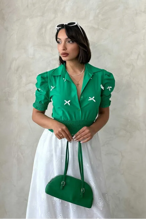 Kol Ucu Etek Gipeli Düğmeli Gömlek - Yeşil Topshow