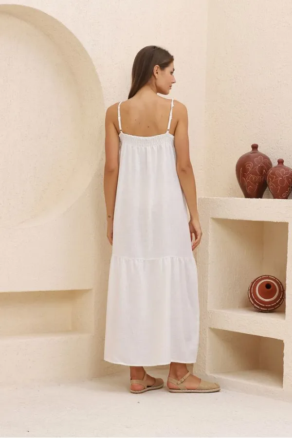 Topshow Krem Krem Saçaklı Uzun Toptan Elbise