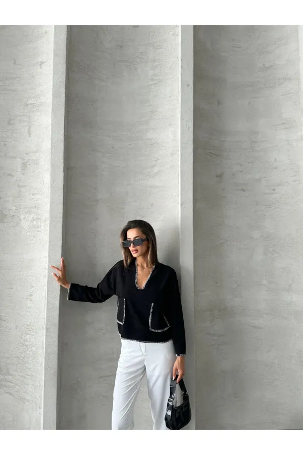 Shepherd's Stitched Knitwear Wholesale Blouse - Black | TOPSHOW | F1652