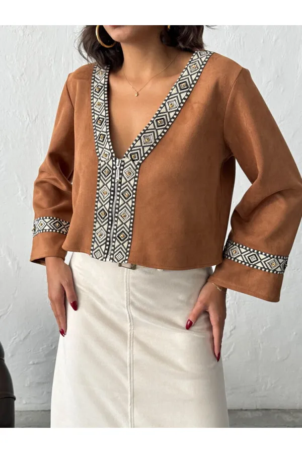 Topshow Şerit Detaylı Scuba Süet Fermuarlı Ceket - TABA | F1971