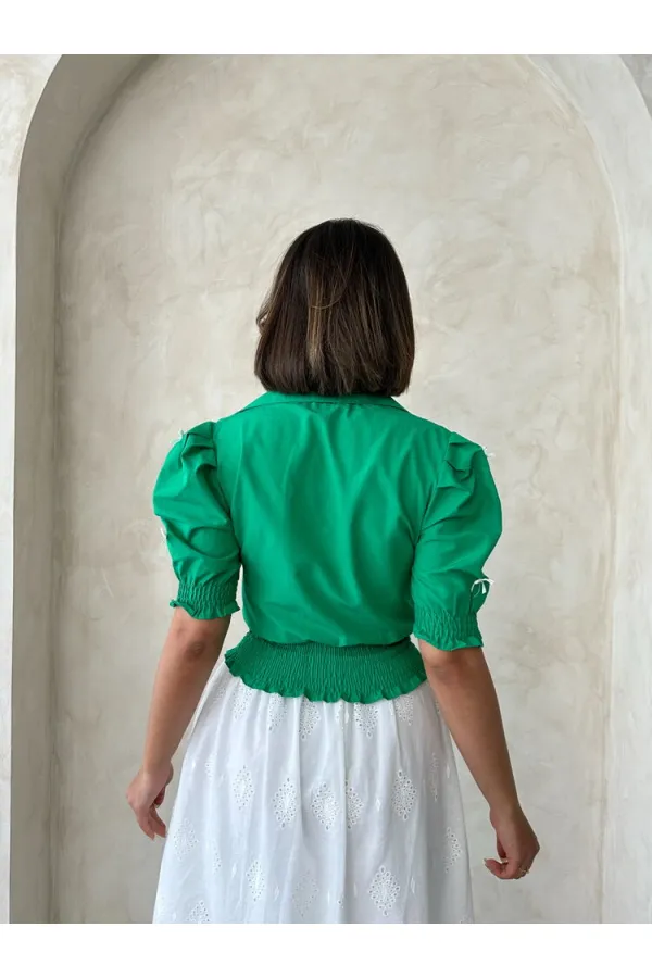 Kol Ucu Etek Gipeli Düğmeli Gömlek - Yeşil Topshow