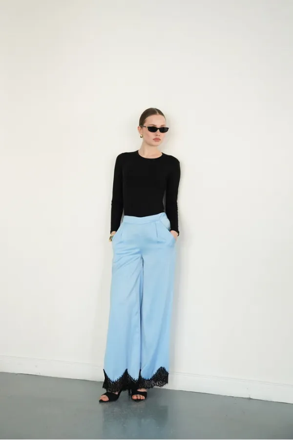 Wholesale Satin Trousers with Lace Hem - Blue | D2969 - Topshow