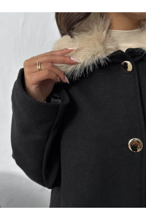 Manteau en cachemire à col peluche et boutons Topshow - Noir | F2048