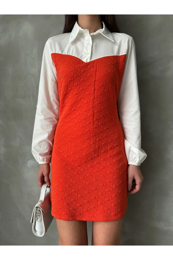 Knee-Length Poplin Dress with Sleeves and Chest - Orange | TOPSHOW | F1139