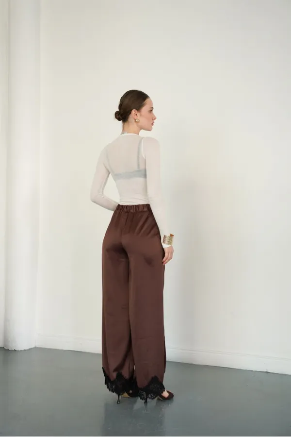 Wholesale Satin Trousers with Lace Hem - Coffee | D2969 - Topshow