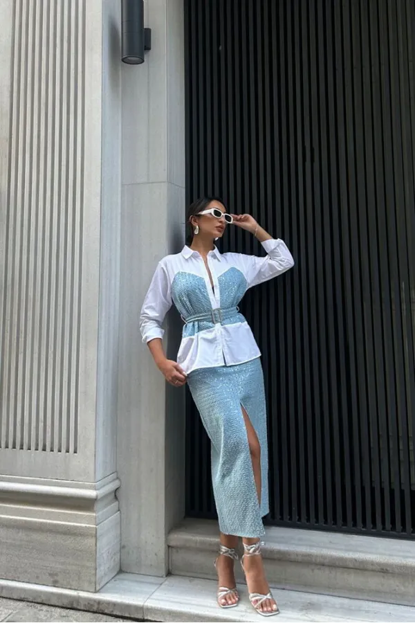 TOPSHOW Desen 1 Mavi Pullu Kot Toptan Etek | F1707