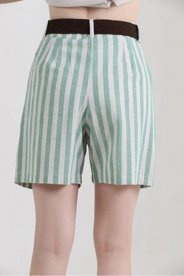 Short en lin à rayures émeraude Topshow avec ceinture, en gros