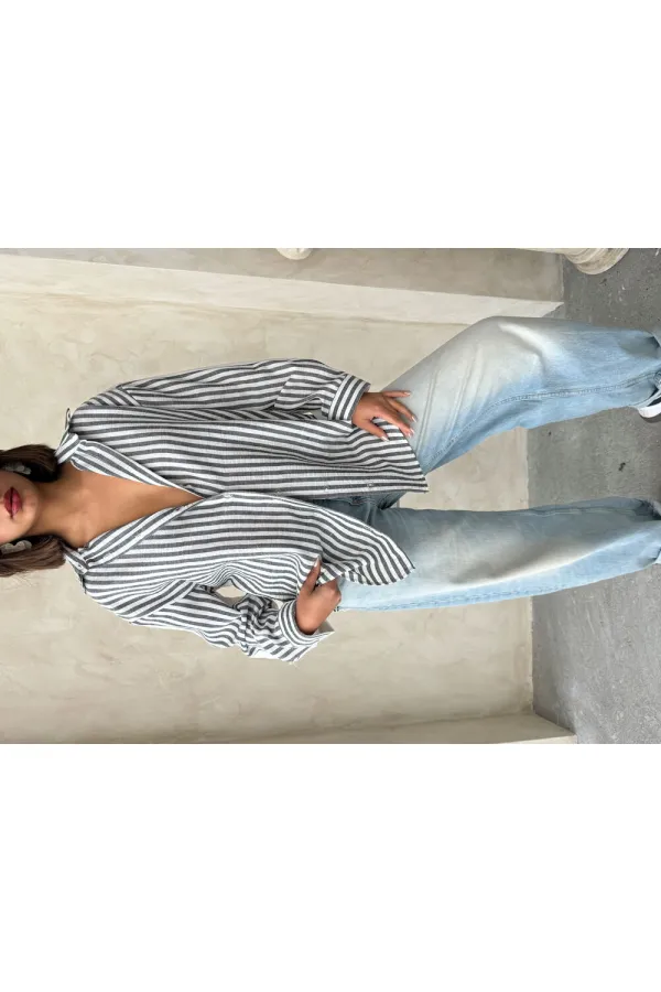 Chemise rayée en lin - Noire | Topshow | F1919