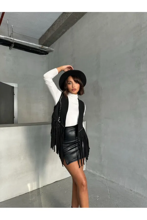 Topshow Siyah Püsküllü Droplu Toptan Yelek | F1806