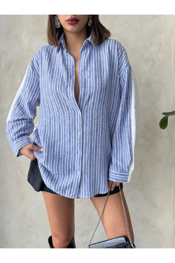 Çizgili Keten Gömlek - Koyu Mavi | Topshow | F1917