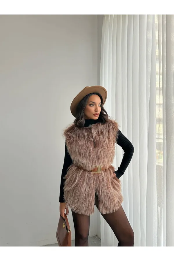 Gilet en fausse fourrure pour femme, vente en gros – Texture douce – MARRON CLAIR
