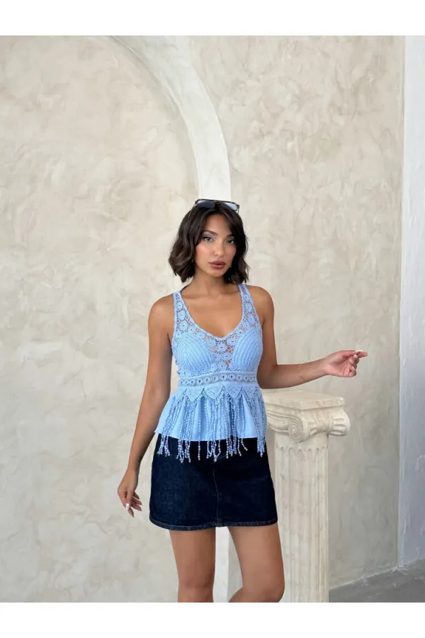 Dantel Detaylı Askılı Toptan Bluz- Mavi | Topshow