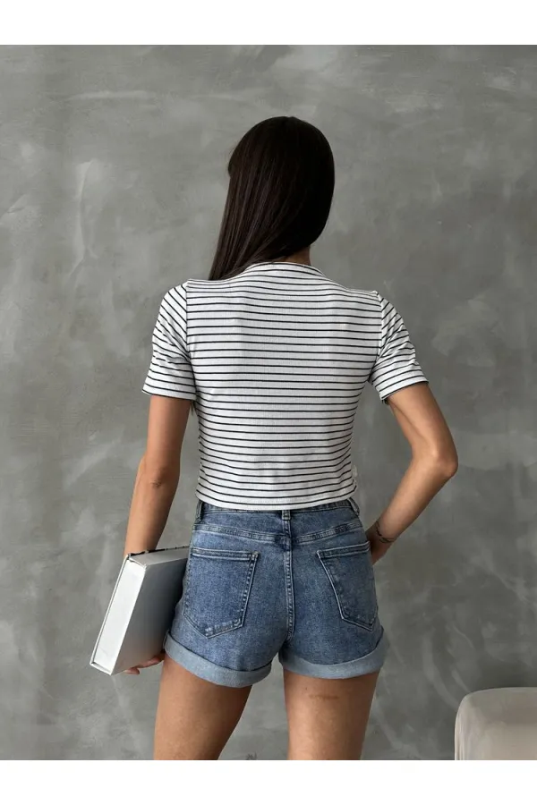 Topshow Cream Guipure Detailed Striped Wholesale T-Shirt