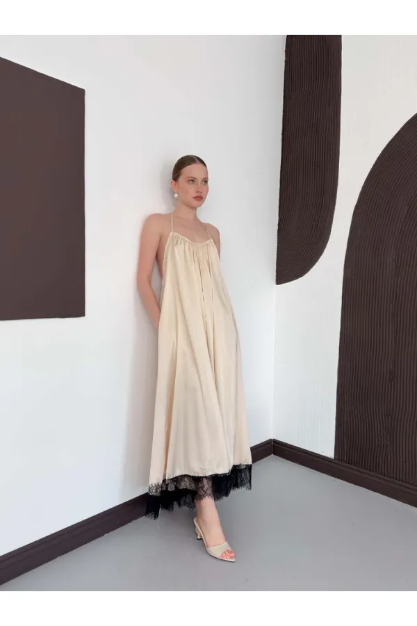 D 3022 DANTEL DETAYLI SATEN ELBİSE - TAŞ