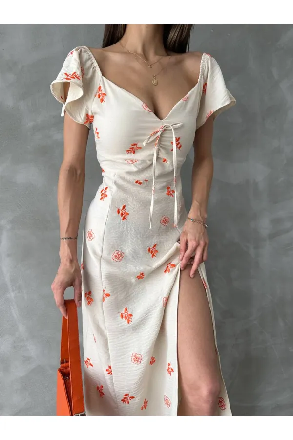 Topshow Orange Pattern Ruffle Sleeve Tied Wholesale Dress