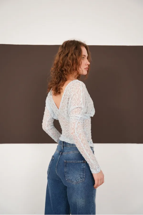 V Neck Guipure Wholesale Blouse - Blue | F2093 - Topshow