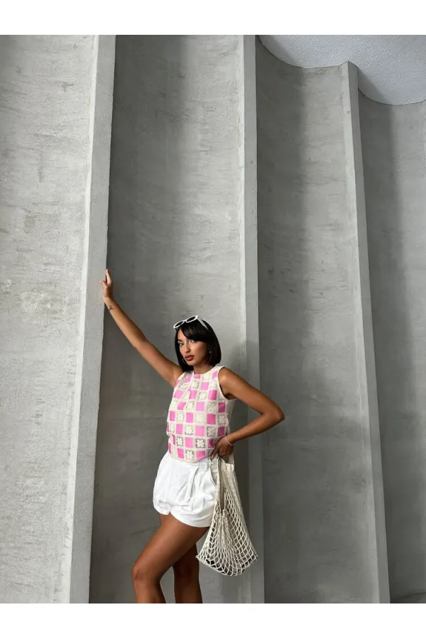Topshow Raw Pink Sleeveless Checkerboard Pattern Crochet Wholesale Blouse