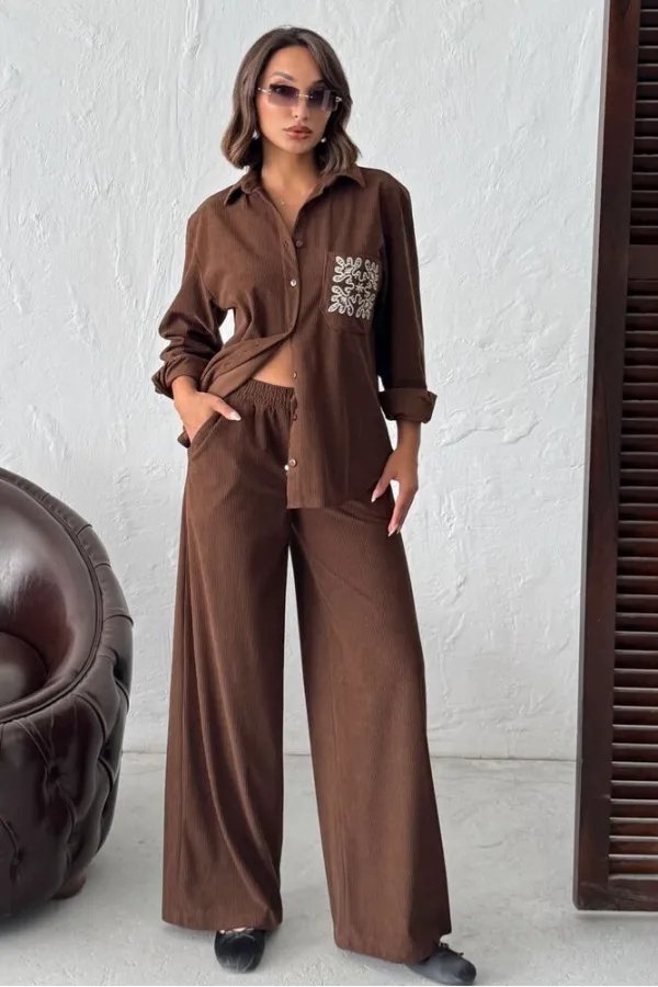 Topshow - Wholesale Embroidered Corduroy Shirt with Pocket - Brown