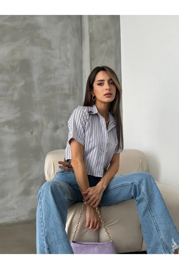 Topshow Mixed Belt Detailed Striped Wholesale Shirt