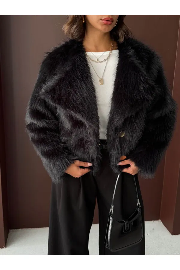 Topshow - Manteau boutonné en fourrure de lapin en gros - Noir